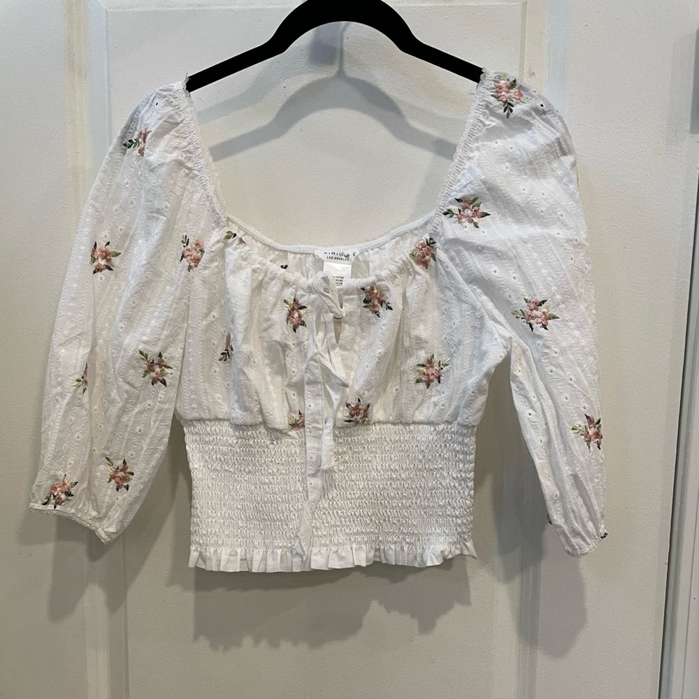 Embroidered Smocked White Floral Feminine Blouse